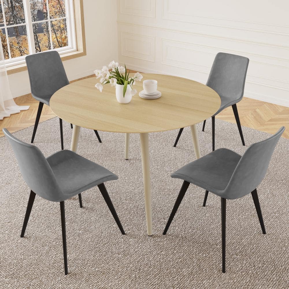 GOJANE 5-Piece 43.3 in. Modern Round Dining Table with 4-Leather Chairs ...
