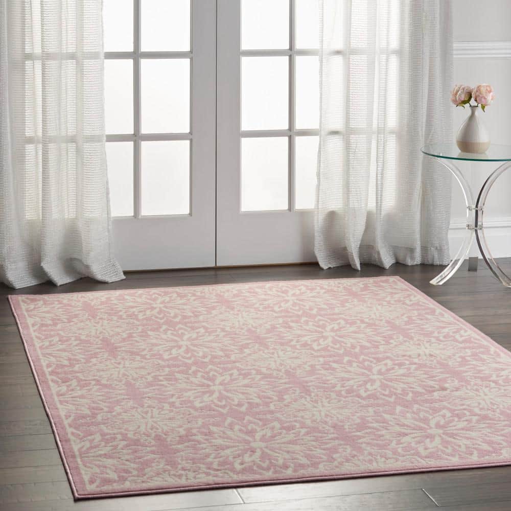 Ivory and Pink Floral Synthetic 6' x 9' Area Rug