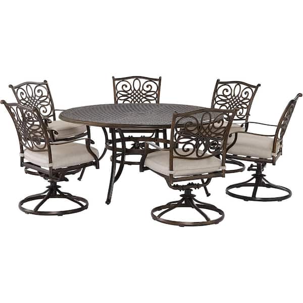 Agio Renditions 7-Piece Aluminum Outdoor Dining Set with Sunbrella Silver Cushions, 6 Swivel Rockers and 40 in. Table