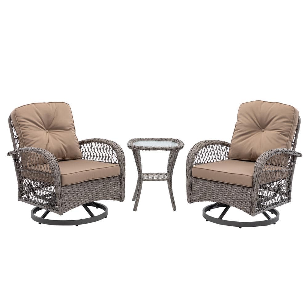 3-Pieces Gray Wicker Outdoor Rocking Chair with Kihaki Cushions and Coffee 