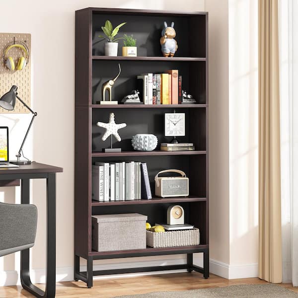 BYBLIGHT Eulas 70.8 in. Tall Sandalwood Wood 5-Shelf Standard Bookcase with Heavy-duty Metal Support, Library Bookshelf