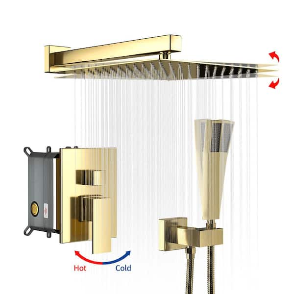 UPIKER Dual Handle 2-Spray Shower Faucet 12 Inch.Square Shower System with Rough-in Valve in Gold