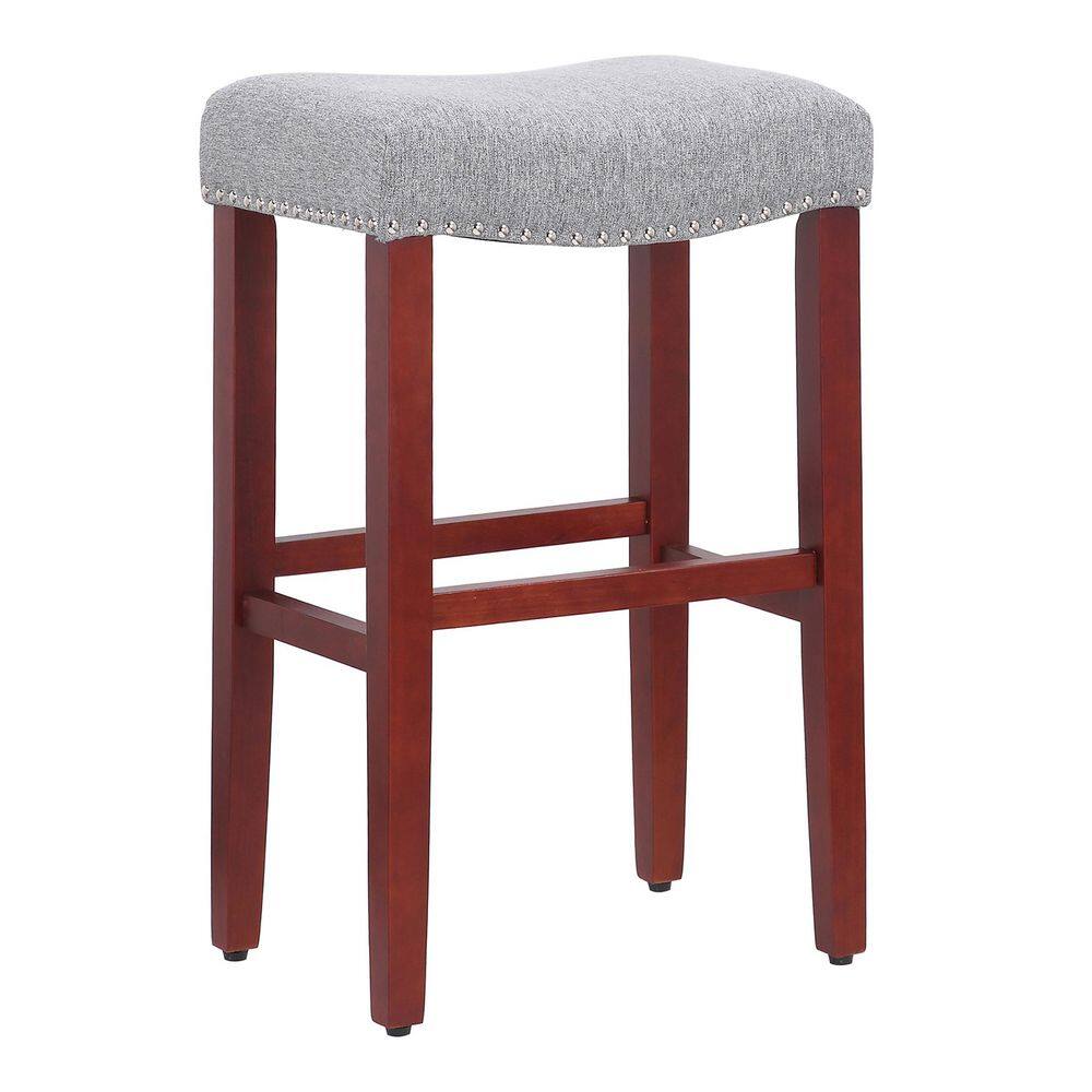 Cherry-Gray Saddle Seat 29" Bar Stool with Nailhead Trim - Set of 2
