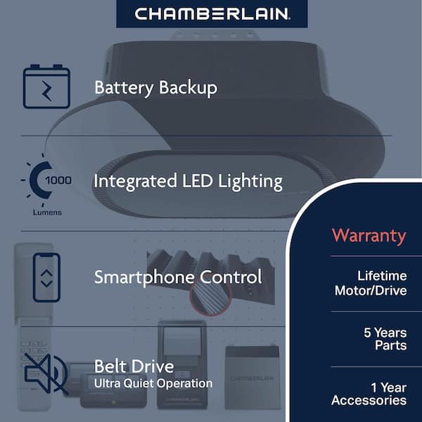 Chamberlain B4613T 3/4 HP LED Smart Quiet Belt Drive Garage Door Opener with Battery Backup - 2