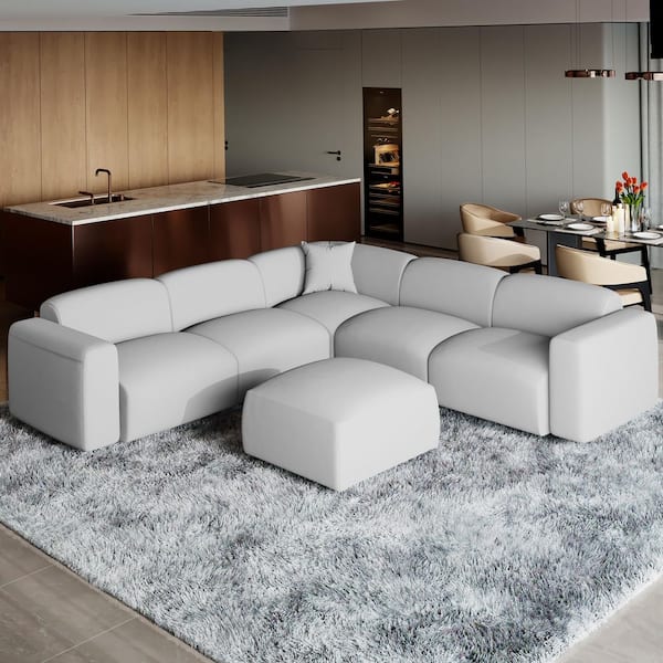 Whisper 39.37 in. Square Arm 6-Piece Polyester Modular Sectional Sofa in 6-Seater Taupe with Ottoman Conversation Set
