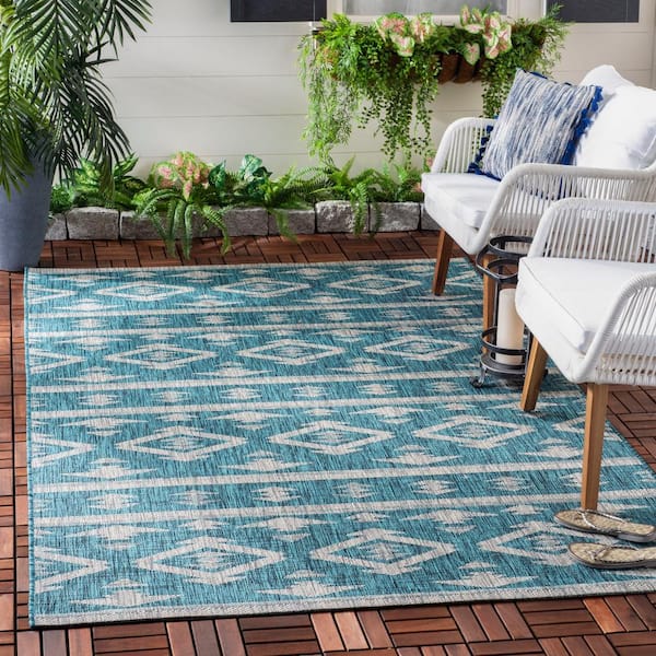 Courtyard Teal/Gray 9 ft. x 12 ft. Geometric Indoor/Outdoor Patio  Area Rug