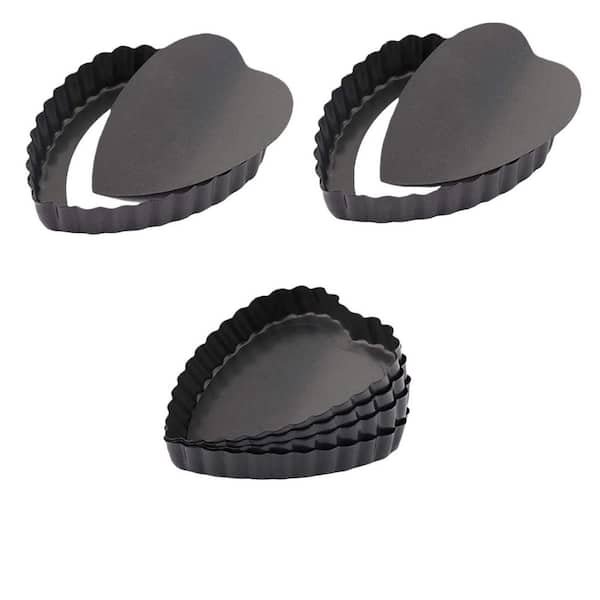 4 in. Heart-Shaped Quiche Pans with a Removable Bottom Pie Pan for Desserts, Cake Baking, Black (6-Pack)