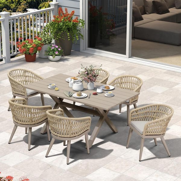 7-Piece Aluminum All-Weather PE Rattan Rectangular Outdoor Dining Set with Cushion, Champagne