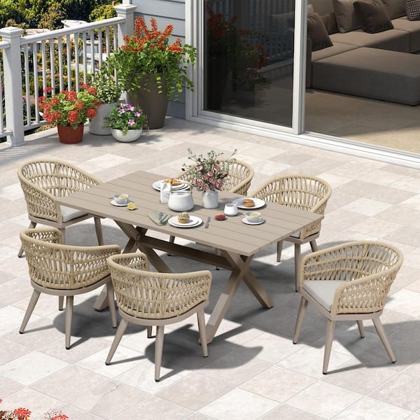 PURPLE LEAF 7-Piece Aluminum All-Weather PE Rattan Rectangular Outdoor Dining Set with Cushion, Champagne