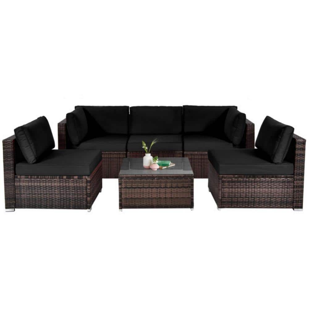 6-Piece Wicker Patio Conversation Set Outdoor Rattan Sofa Set with Black Cushions for Garden price history on PriceWatchPro