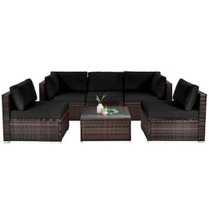 6-Piece Wicker Patio Conversation Set Outdoor Rattan Sofa Set with Black Cushions for Garden
