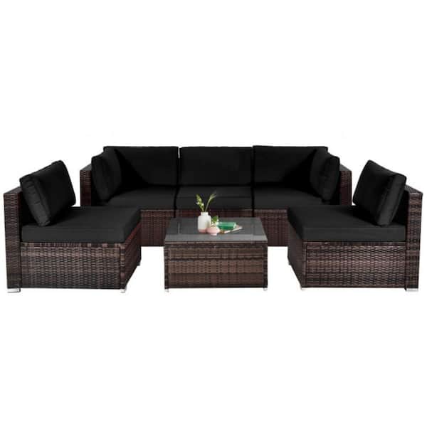 Clihome 6-Piece Wicker Patio Conversation Set Outdoor Rattan Sofa Set with Black Cushions for Garden