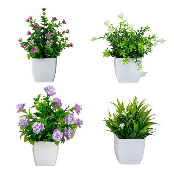 7 in. Green Artificial Mini Flowering Assorted Flowers Potted Plants - Set of 4