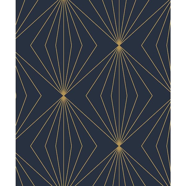 57.5 sq. ft. Dark Blue & Metallic Gold Gem Geometric Pre-Pasted Paper Wallpaper Roll