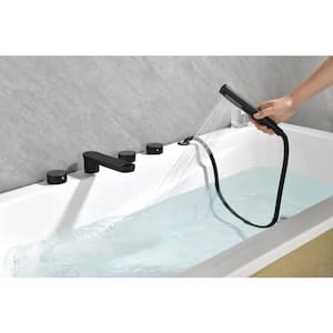 Modern 3-Handle Deck Mount Roman Tub Faucet with Hand Shower in Matte Black