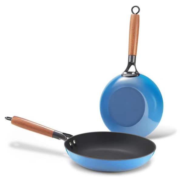2-Piece Gradual Cobalt Blue Cast Iron Non Stick Skillet Set with Wooden Handle Pre-Seasoned All Cooktop