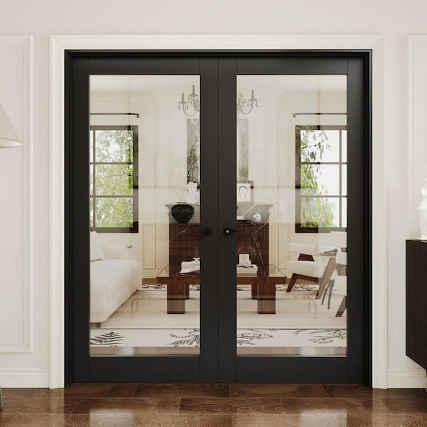 72 in. x 80 in. Universal 1-Lite Clear Glass Black Solid Core Glass Double Prehung French Door + Quick Assemble Jamb