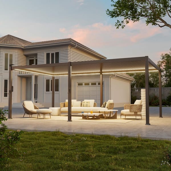 12 ft. x 20 ft. Modern Steel Pergola with Adjustable Louvers, LED Lights, and Solar Charging, Brown