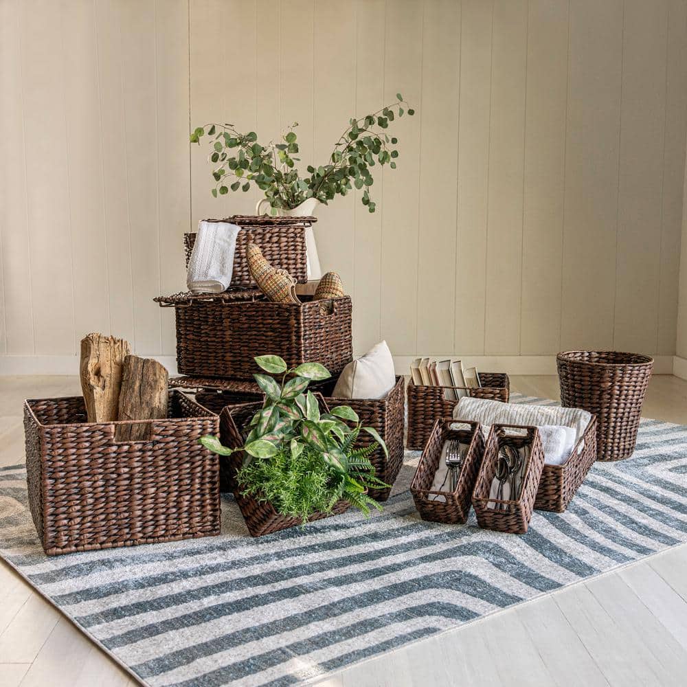 Handwoven Dark Brown Hyacinth Storage Basket Set with Iron Frame