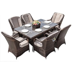 Ozark Brown 7-Piece Wicker Rectangular Outdoor Dining Set with Beige Cushion