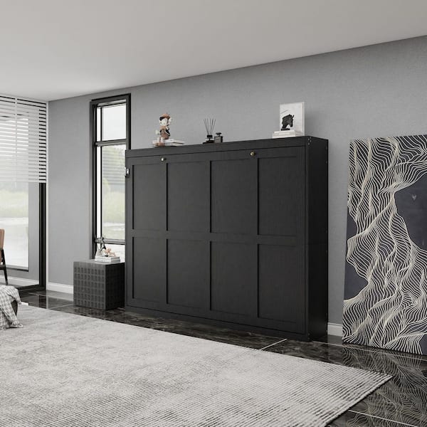 Black Wood Frame Queen Size Murphy Bed, Wall Bed