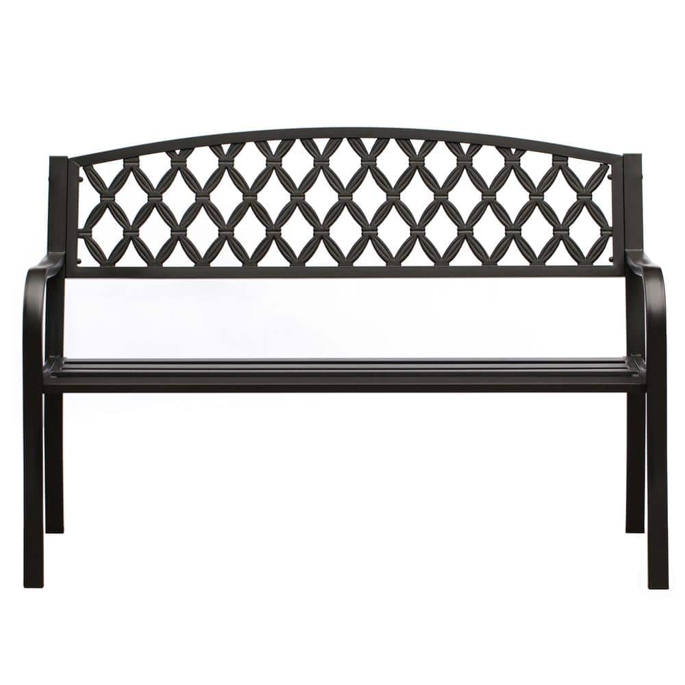 Black Steel Outdoor Garden Bench with Cast Iron Backrest