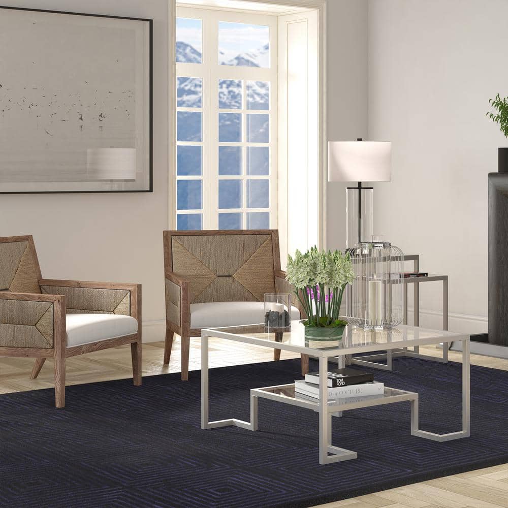 Athena 32" Satin Nickel Square Metal Coffee Table with Glass Shelves