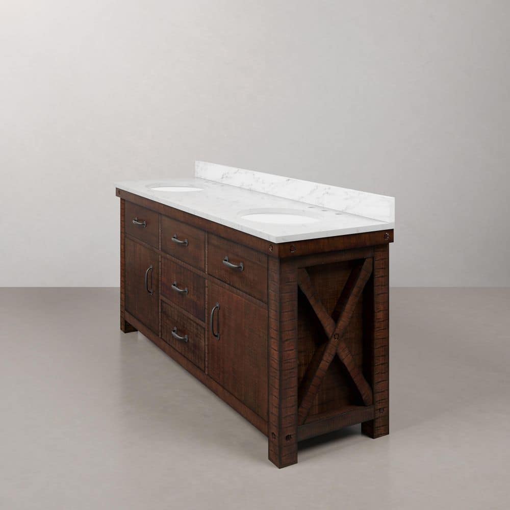 Aberdeen 72" Double Sink Rustic Sierra Vanity with Carrara White Marble Top