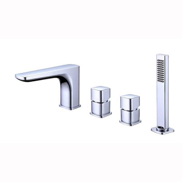 FLG 2-Handle Deck-Mount Roman Tub Faucet with Hand Shower Modern 4-Holes Brass Bathtub Filler in Polished Chrome