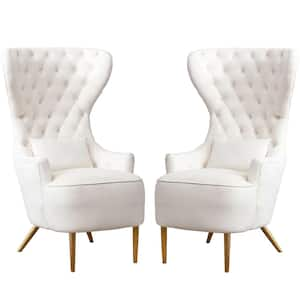 Cream Upholstered Tufted Velvet High Wingback Chair (Set of 2)