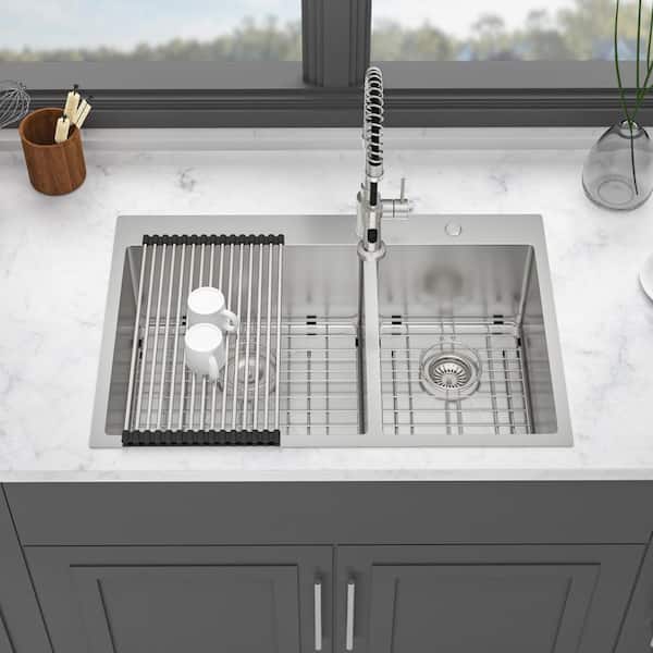 NEW 33 in. Double Bowl (60/40) Drop-in Kitchen Sink, 16 Gauge NEW 33 in. Double Bowl (60/40) Drop-in Kitchen Sink, 16 Gauge