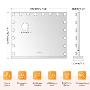 28 in. W x 22 in. H Large Rectangular Dimmable LED Desktop/Wall Mount Bathroom Vanity Mirror with 10X Magnification