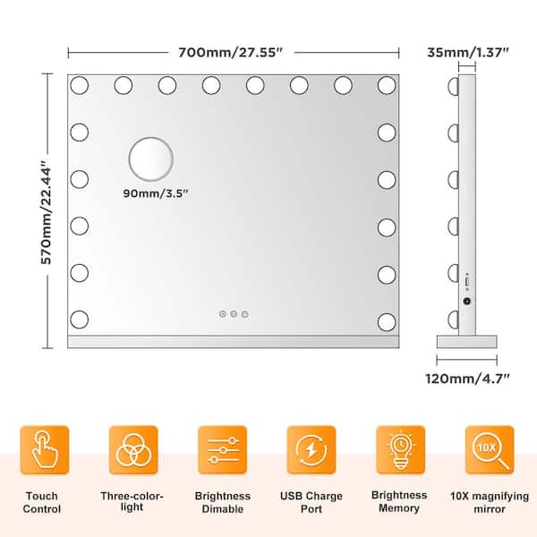 28 in. W x 22 in. H Rectangular Framed LED Bulb Hollywood Tabletop Bathroom Makeup Mirror in White with 3-Color Lights