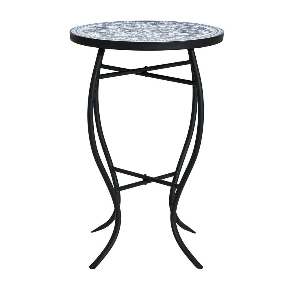 Pansy Round Metal and Stone Outdoor Patio Side Table with Mosaic-Style Top, Blue and Matte Black price history on PriceWatchPro