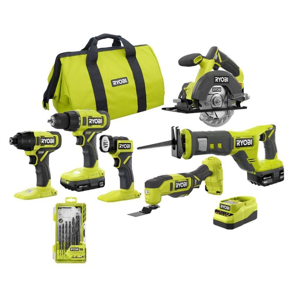 Ryobi ONE+ 18V Cordless 6-Tool Combo Kit w/ (2) Batteries, Charger & Black Oxide Round Shank Drill Bit Set (15-Piece)