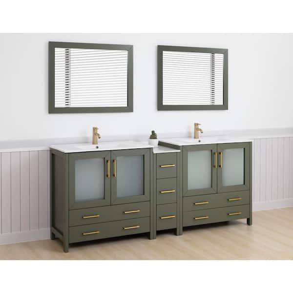 84 in. W x 18 in. D x 36 in. H Vintage Green Bath Vanity with White Ceramic Top and Mirror