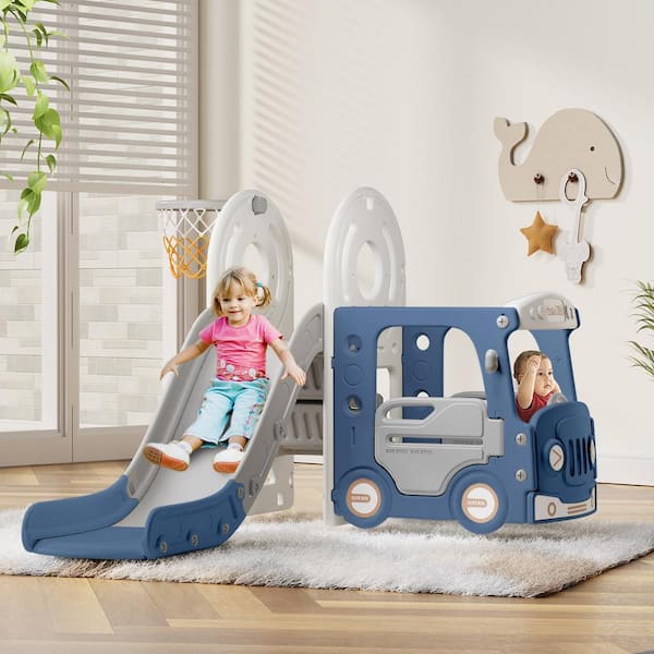 Adaliz 6 ft. 4-In-1 Blue Gray Toddler Slide Indoor Outdoor Slide Toddler Playset Toddler Playground