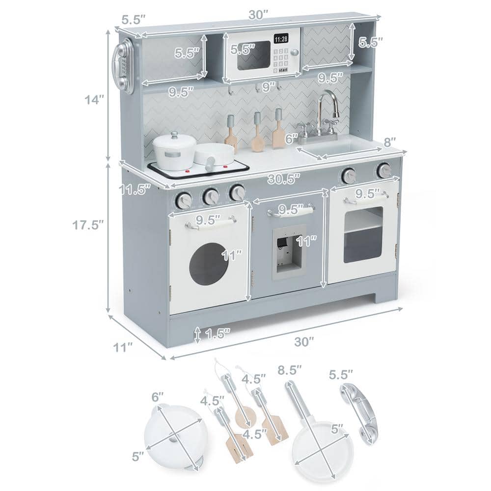 Gray and White Wooden Kids Play Kitchen Set with Light & Sound