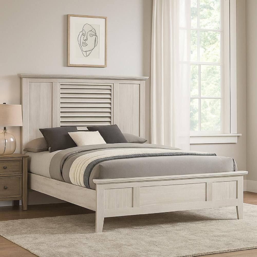 Sary Off White Wood Frame King Panel Bed with Headboard