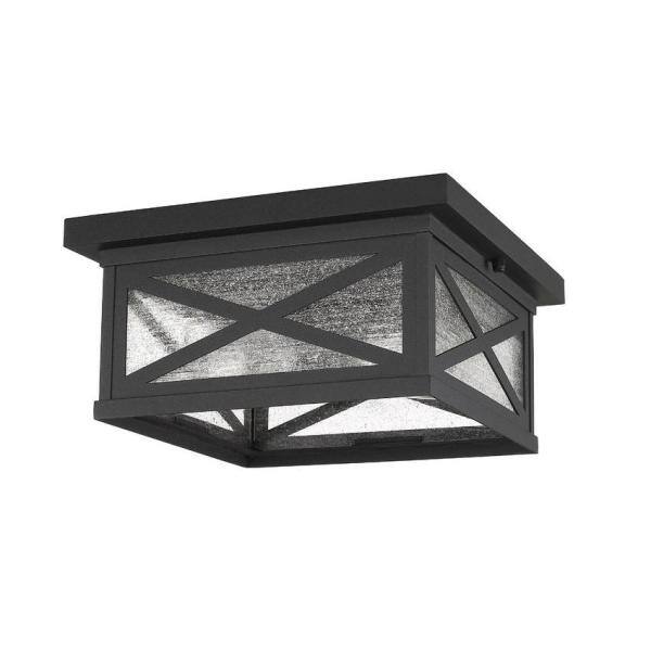 Matte Black Aluminum 2-Light Outdoor Flush Mount with Seedy Glass