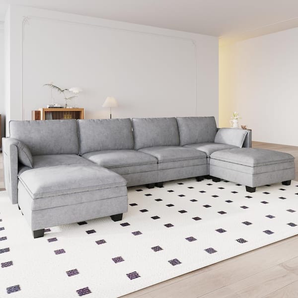 Noble House Enrique 141.5 in. Large Size U-shaped 6 Seater Modern Fabric Sectional Sofa in Gray with Movable Ottoman