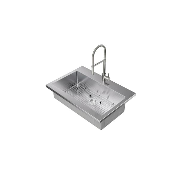 NewAge Products Brushed Nickel Stainless Steel 36 in. Single Bowl Drop-In Standard Kitchen Sink with Flex Pull Down Faucet