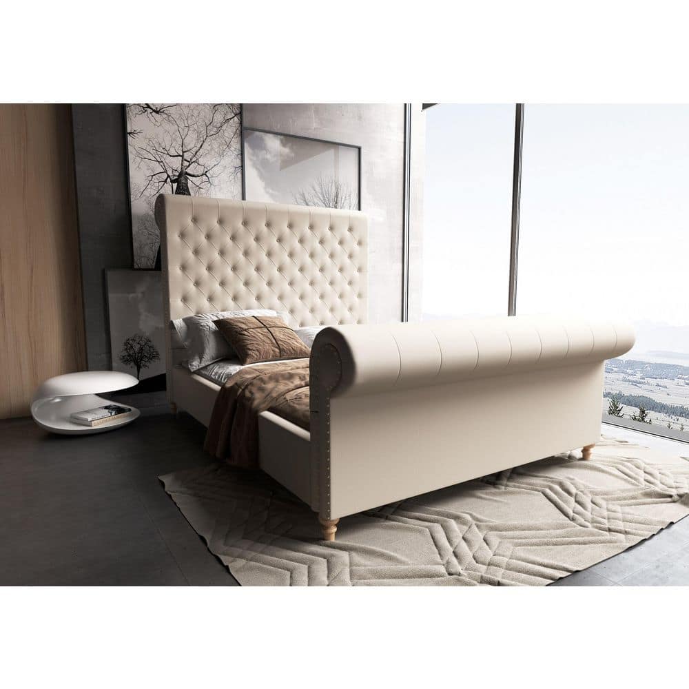 Elegant Cream Tufted Queen Bed with Ultra-High Headboard and Wood Frame