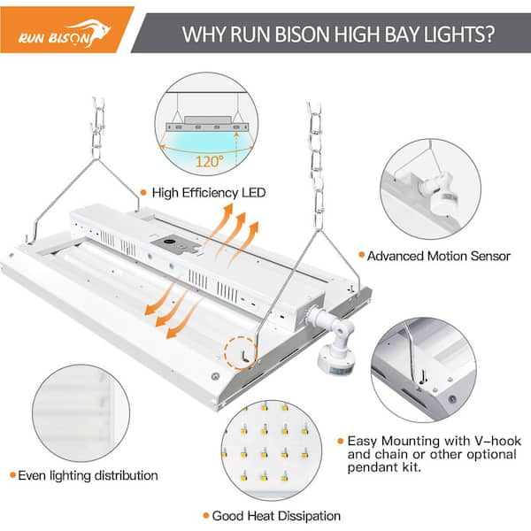 RUN BISON 4-Pack 2 ft. 800-Watt Equivalent 28,350 Lumens Integrated LED Dimmable High Bay Light With Motion Sensor, 5000K Daylight