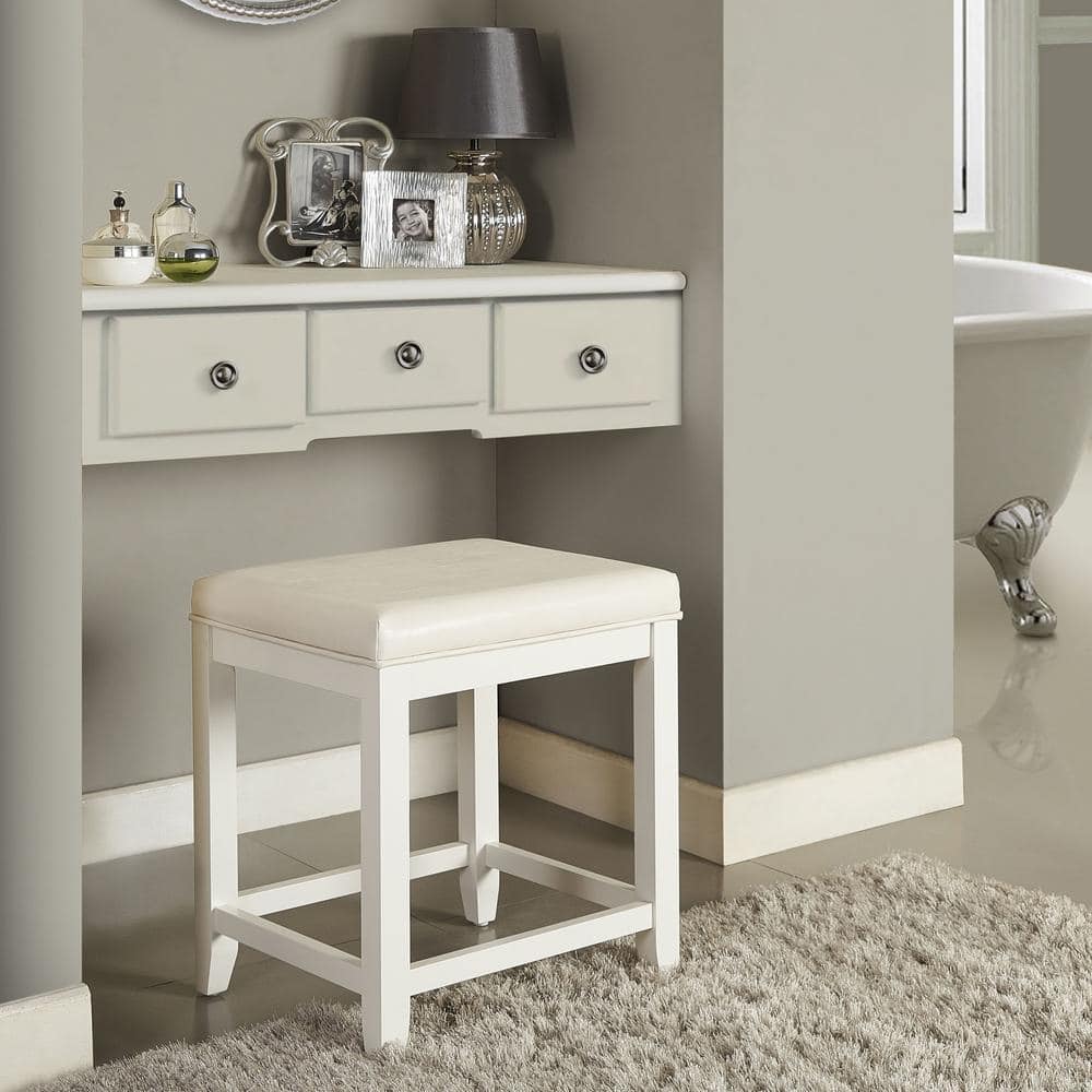 Vista White Solid Pine Wood Vanity Stool with Faux Leather Seat