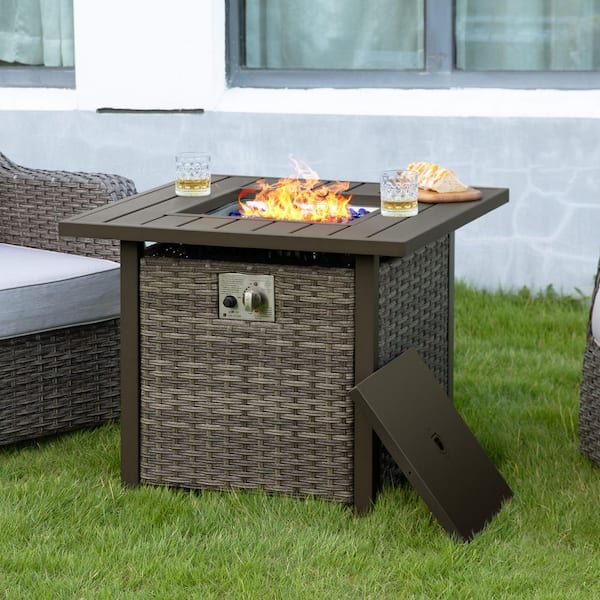 30 in. Square Rattan Propane Gas Brown Fire Pit Table with Lid and Glass Beads
