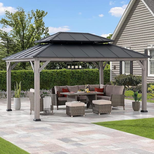12 ft. x 16 ft. Outdoor Patio Steel Hardtop Gazebo, Cedar Framed Wooden Gazebo with 2-Tier Metal Roof, Matte Black