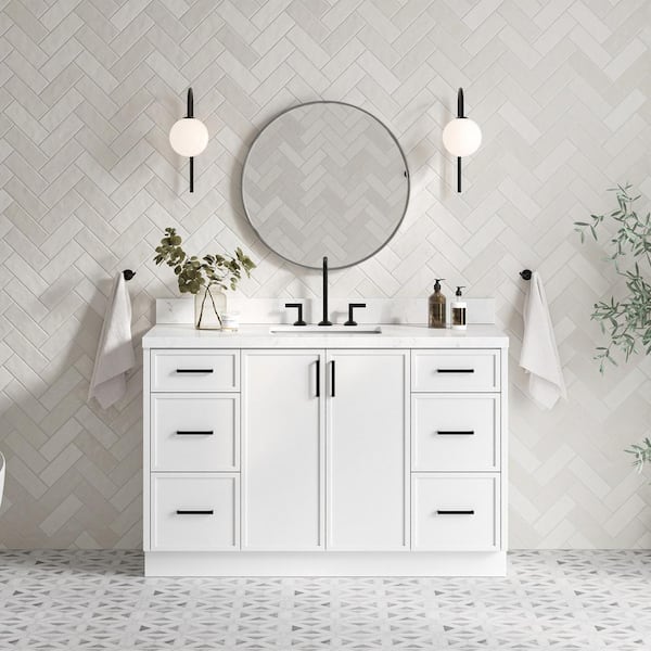 ARIEL Kelly 54.25 in. W x 22 in. D x 36 in. H Single Sink Bath Vanity in White with Carrara White Quartz Top