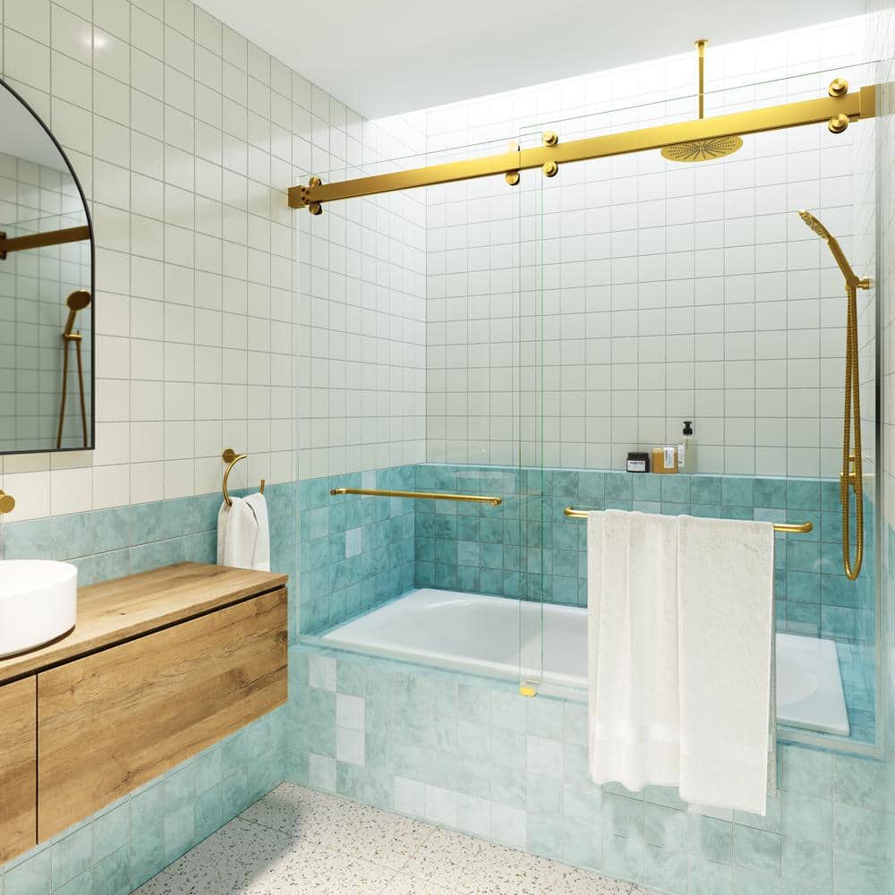 Polaris Frameless Satin Brass Sliding Bathtub Door 60 x 66 in.