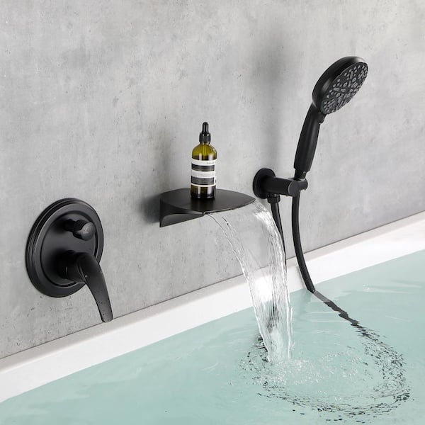 FORCLOVER Single Handle Wall Mount Roman Tub Faucet with hand sprayer in Black SMD 88026B